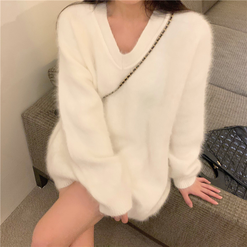 Real shot winter new mink like sweater for women with loose Pullover and long sleeve lazy V-neck