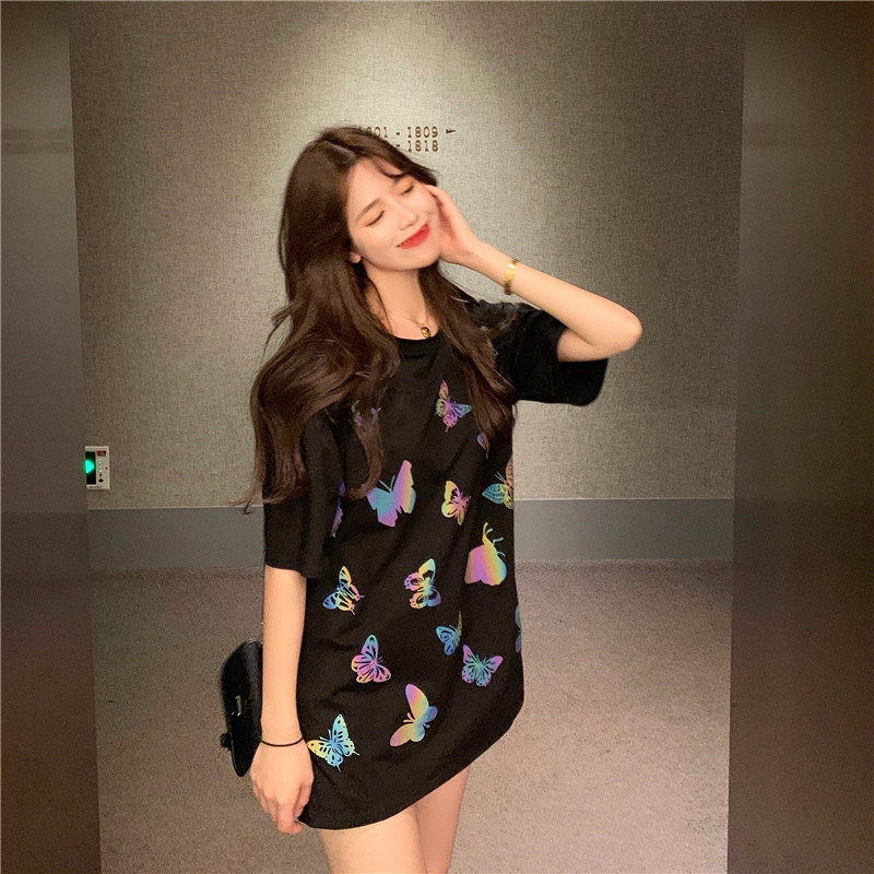 Real shooting colorful laser reflective butterfly loose print short sleeve T-shirt casual friend couple loose top