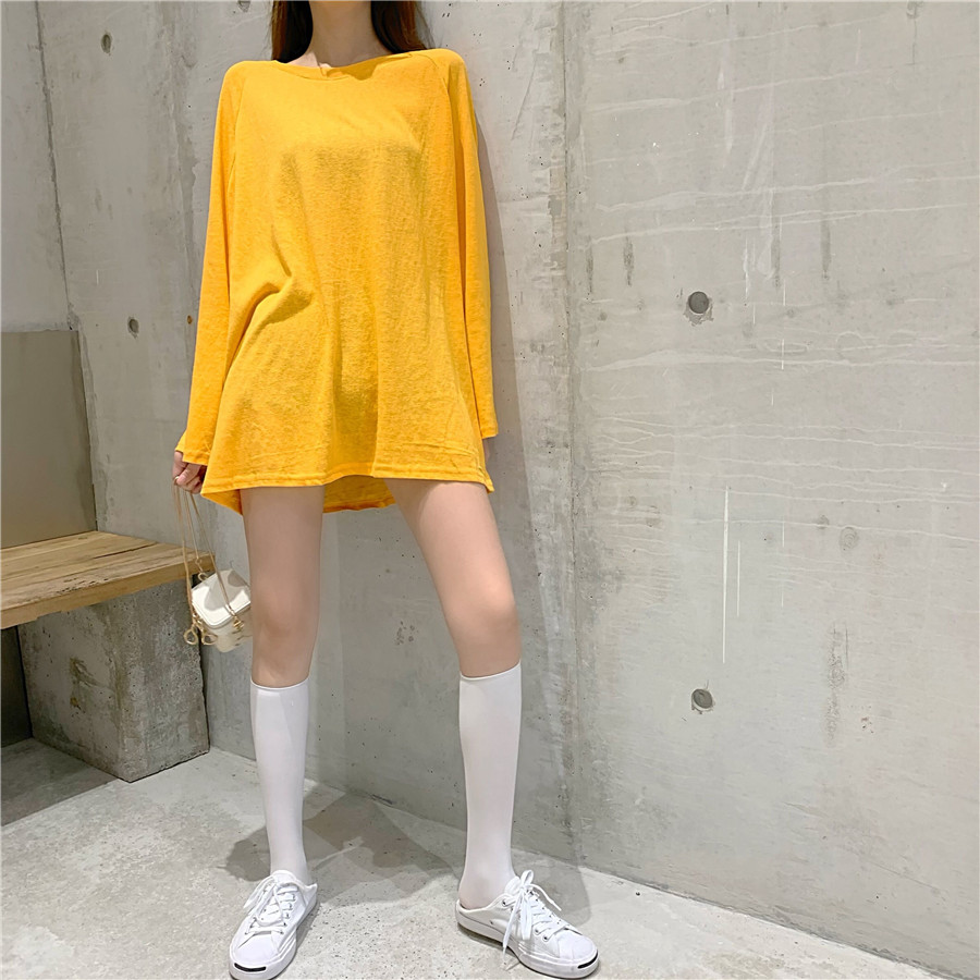 Real shooting long sleeve pumpkin yellow T-shirt student top women's loose 2021 new round neck T-shirt shows thin medium length