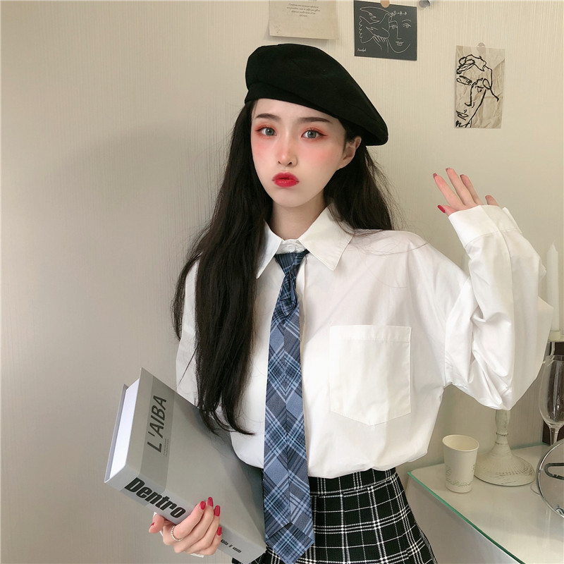 Real photo shirt women's Retro loose summer 2021 new handsome Korean college style Tie Shirt