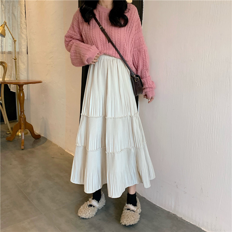 Real photo 2021 new autumn and winter velvet cake skirt skirt skirt mid length winter skirt season skirt pleated skirt long skirt