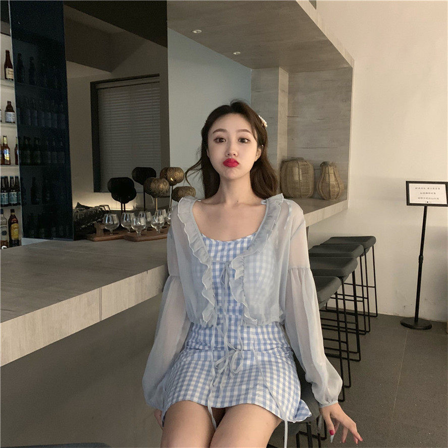 Real photo 2021 new first love little man fresh little Plaid show thin off shoulder sleeveless dress with suspender skirt