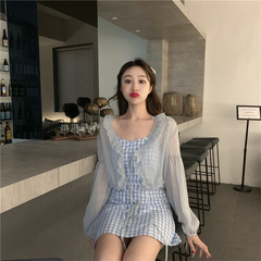 Real photo 2021 new first love little man fresh little Plaid show thin off shoulder sleeveless dress with suspender skirt