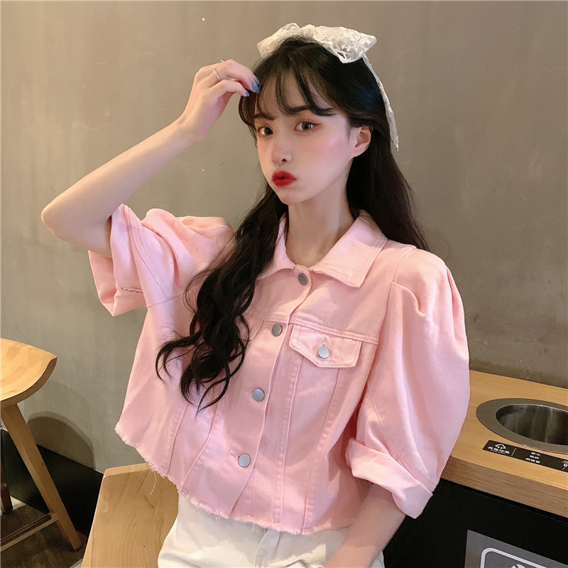 Real shot spring 2021 new bubble sleeve pink Denim Jacket Women's mid sleeve jacket