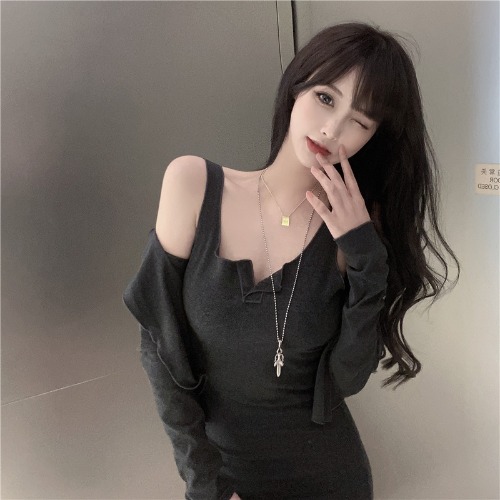 實拍又欲又A深灰色彈力修身顯瘦連衣裙女開衫兩件套