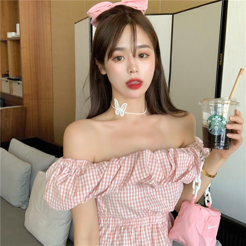 Real shot cotton candy clavicle shoulder Bubble Sleeve Top Pink Girl Plaid t