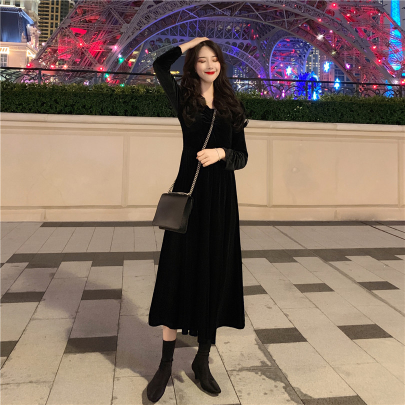 French retro V-neck dress, black velvet court dress, long skirt, small girl velvet skirt