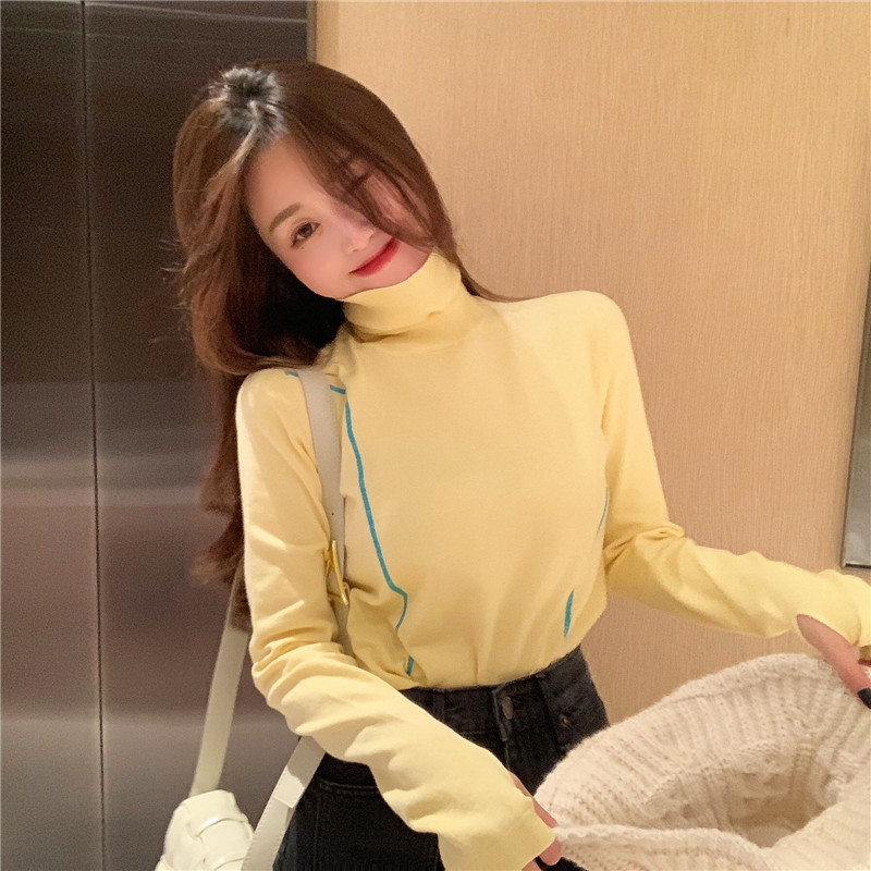 Real shot retro Hong Kong style high collar sweater for women winter new style color contrast and fit over knitted sweater