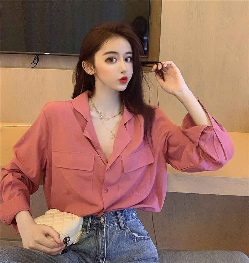 Real photo 2021 early spring new solid color V-neck pocket long sleeve shirt women's design