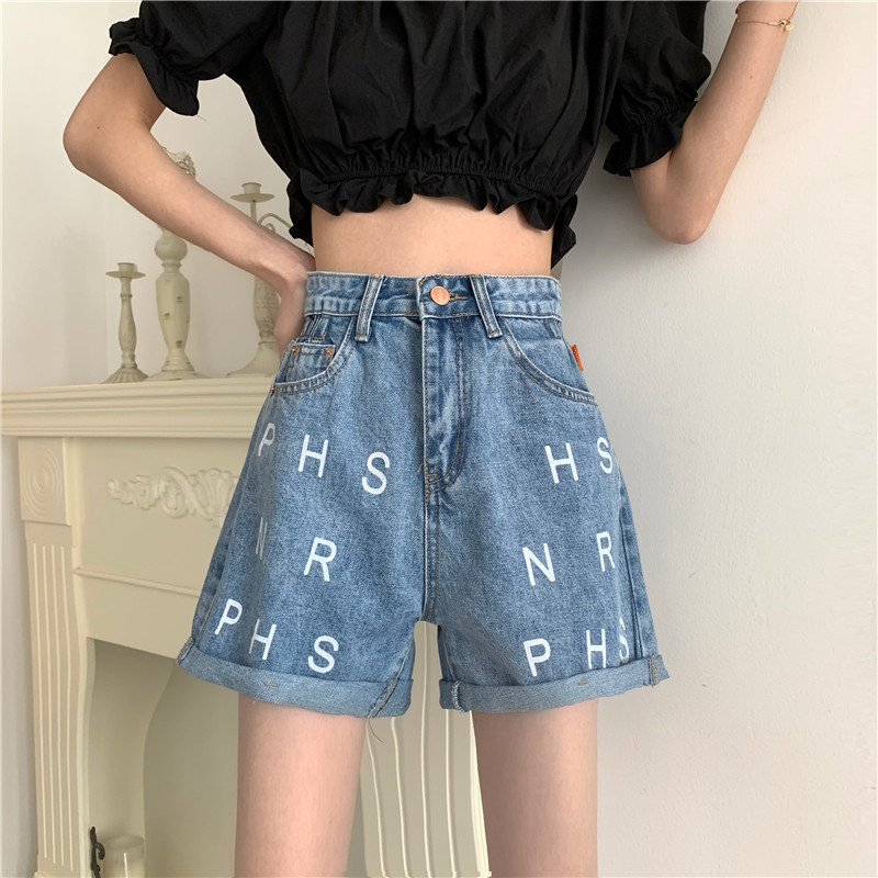 High waist denim shorts women's 2021 high waist slim summer loose print spring summer early spring new fashion