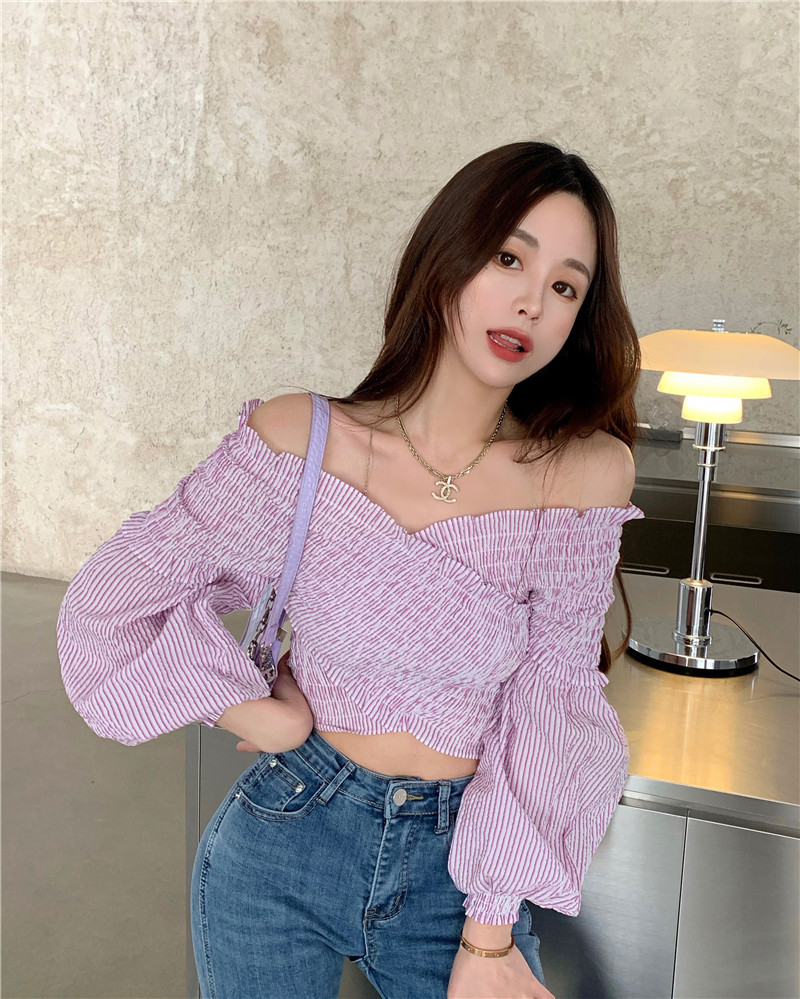 Real shot spring and summer new youth women's Lantern Sleeve cross V-neck tight Blouse Shirt