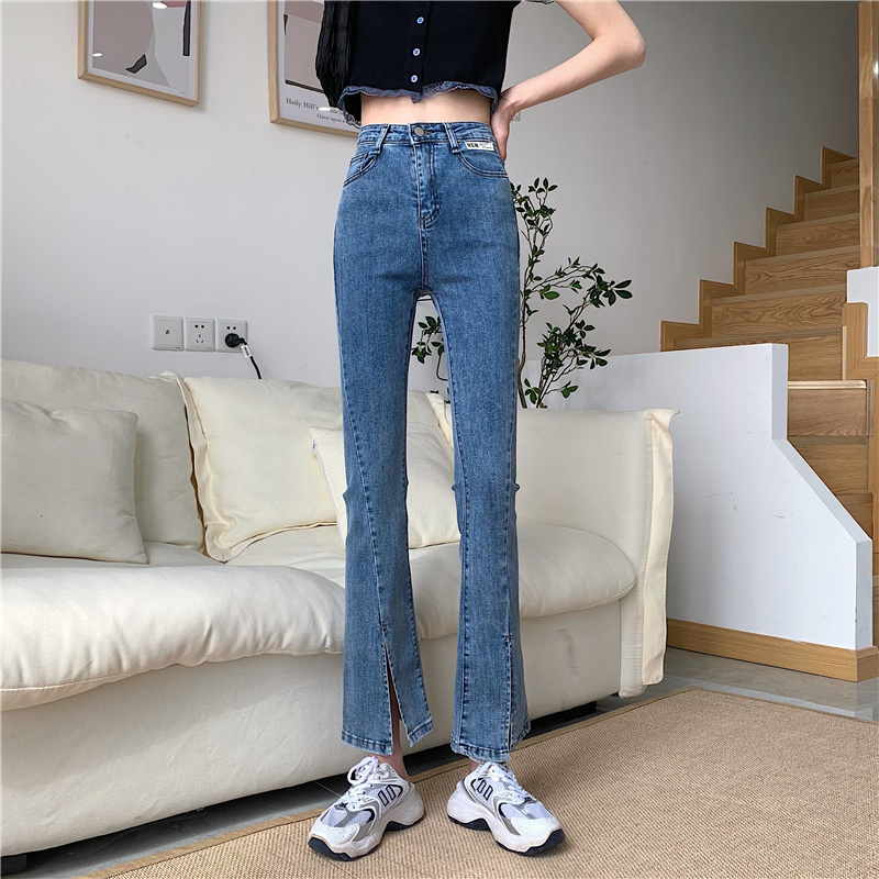 Real photo split jeans women's straight tube lengthened micro raspberry pants show thin spring summer new slit floor pants