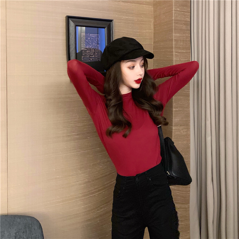 Real photo 2021 new versatile solid color with bottom coat for women's autumn and winter slim long sleeve T-shirt