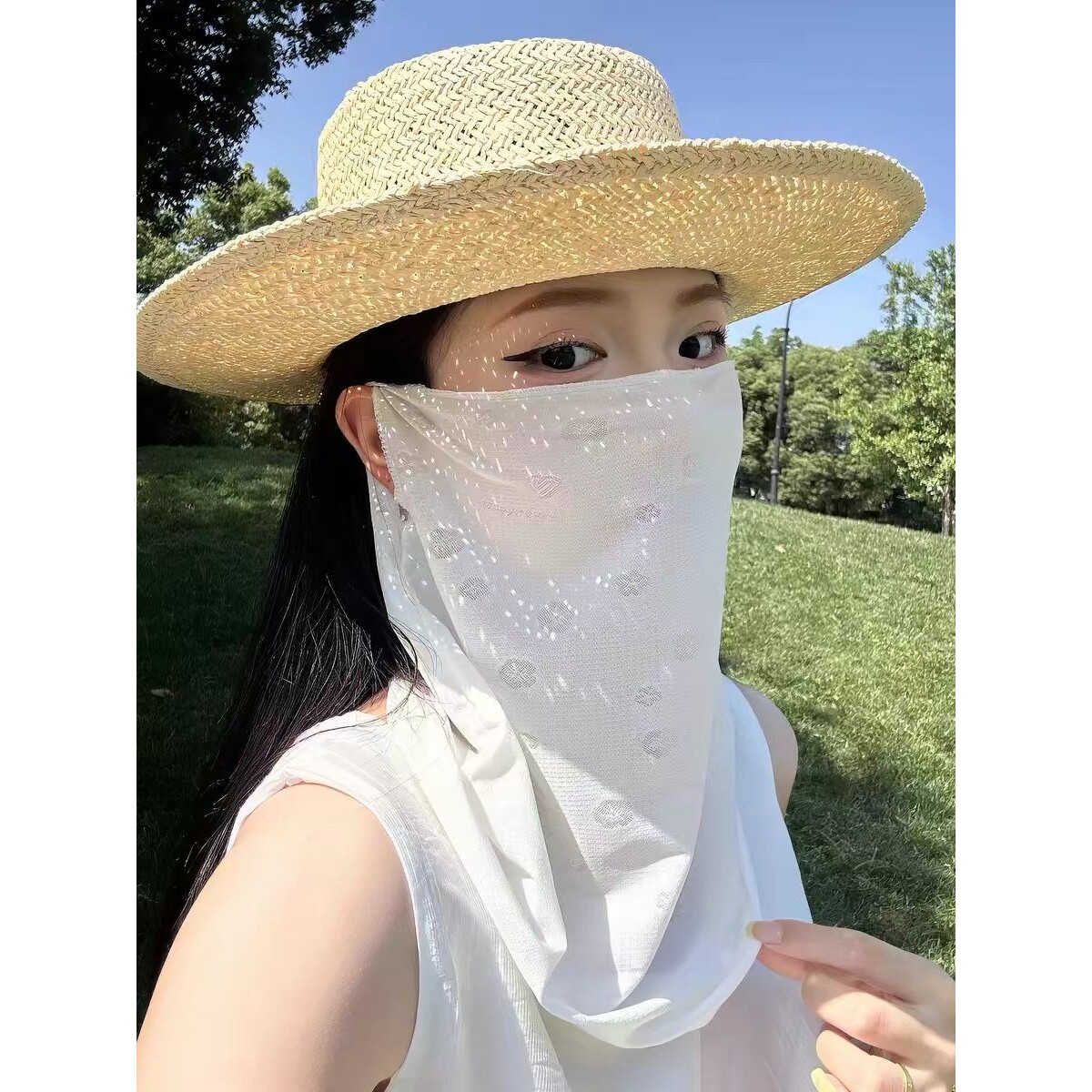 薄款透气防晒面罩加长款护颈口罩花朵暗纹网纱骑行开车遮阳夏季女
