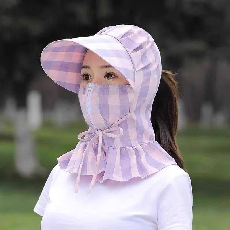 遮阳帽女防晒帽子夏季大沿骑车遮脸带面罩妈妈采茶帽干农活太阳帽