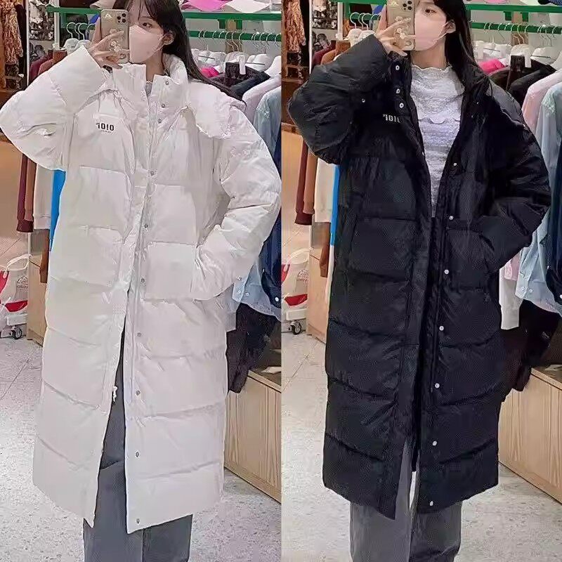 韩国长款过膝羽绒服连帽学院风字母可拆卸男女同款超长外套
