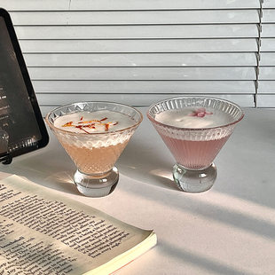 小众ins复古条纹高足玻璃杯子冰咖啡杯果汁杯气泡水杯饮品杯