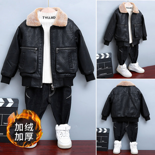 男童秋冬皮衣2025冬季 洋气厚外套男孩皮夹克加绒上衣潮童 儿童冬款