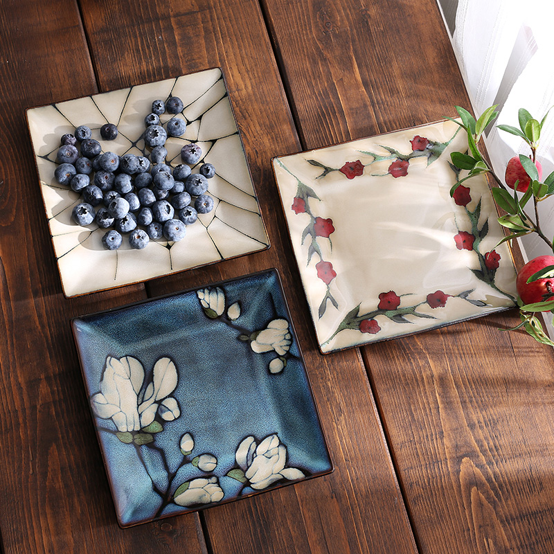 窑变手绘釉下彩陶瓷餐具酒店牛排沙拉点心盘外贸出口装饰四方盘子