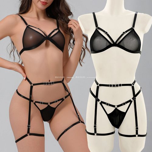 性感黑色文胸套装透视网吊袜带