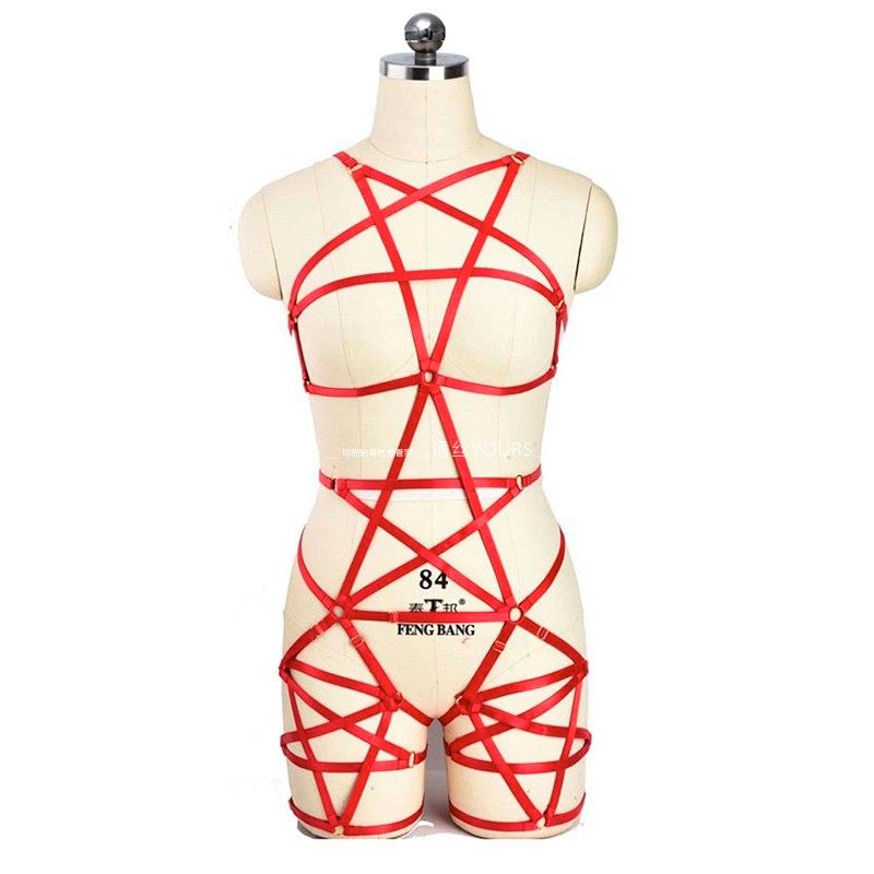 红色五芒星绳带捆绑连体衣外穿ds演出服三点诱惑文胸吊袜情趣欧美