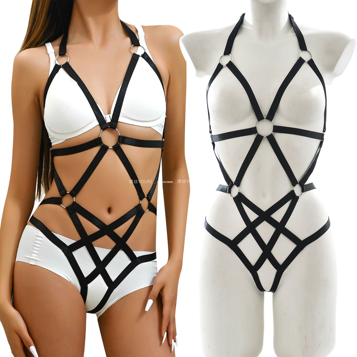 深V挂脖漏胸束腰绳衣高叉连体衣