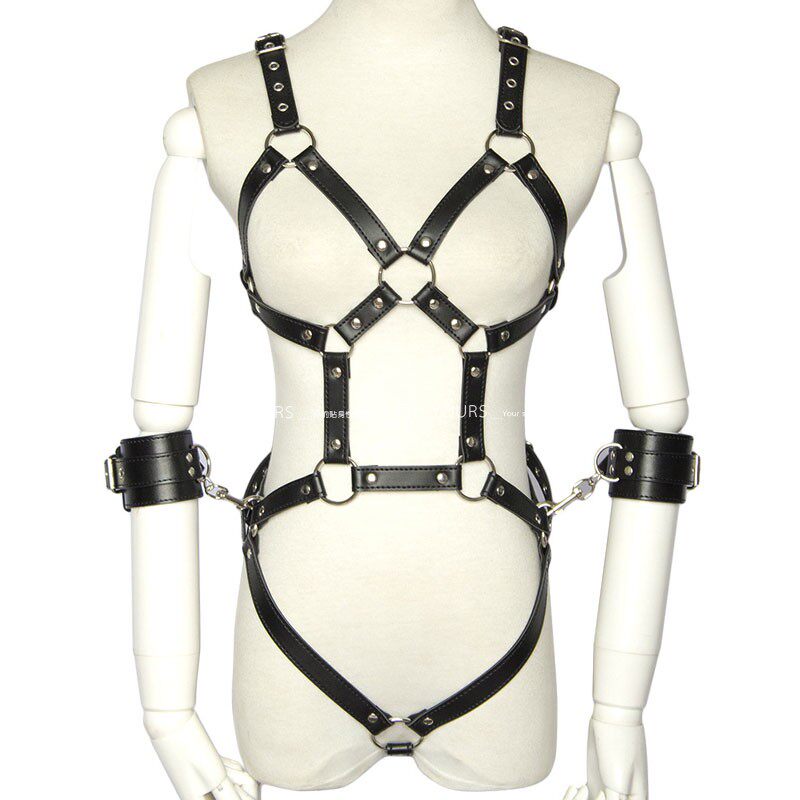 皮革内衣铆钉扣可调节连体背带高叉束身绳衣装PU制服酒吧演出热舞