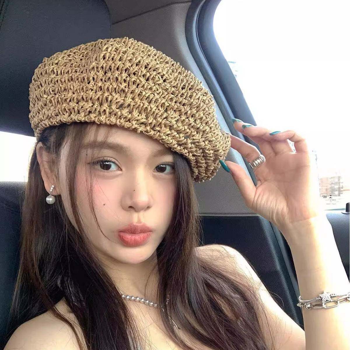 草编贝雷帽女款夏季透气薄款2025新款时尚潮流显脸小户外休闲逛街
