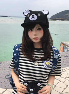 2025可爱可调节棒球平沿帽新款辣妹甜酷风黑色黑夜轻松小熊带耳暖