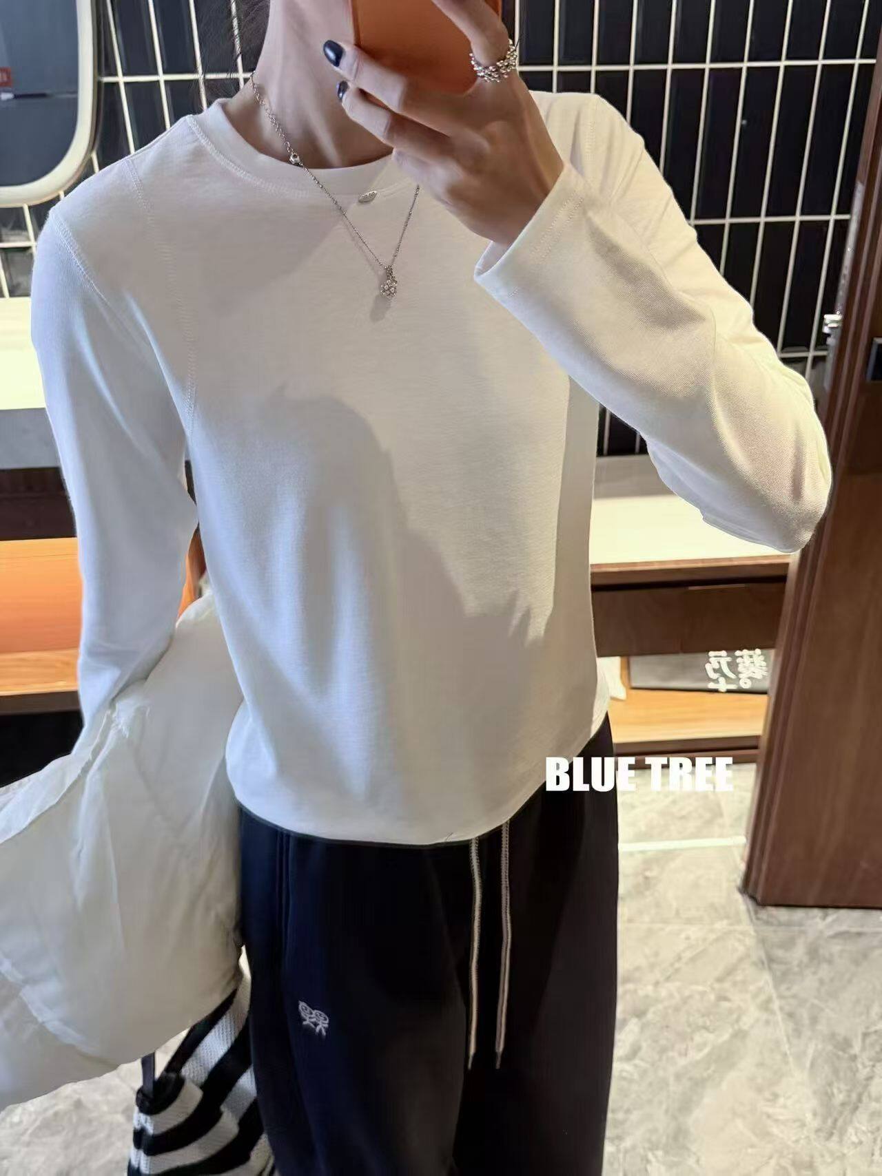 BLUETREE正品2026秋冬新款打底内搭正肩纯白t恤女超好看长袖上衣