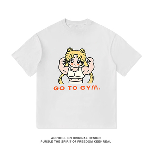 美少女壮士健身GYM印花夏季短袖T恤衫纯棉上衣服男女装宽松休闲潮