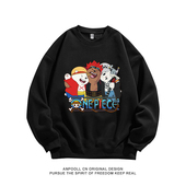 男装 三只裸熊海贼王路飞草帽团索隆纯棉圆领卫衣服长袖 T恤衫 宽松