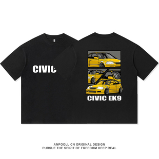 JDM改装文化本田思域EK9汽车复古印花短袖T恤宽松夏季上衣服男装