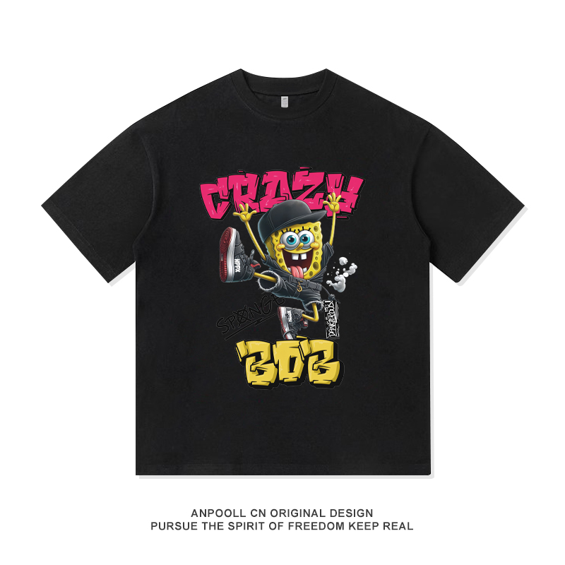 海绵宝宝嘻哈高街美式滑板复古印花高街短袖T恤衫男装夏季宽松潮