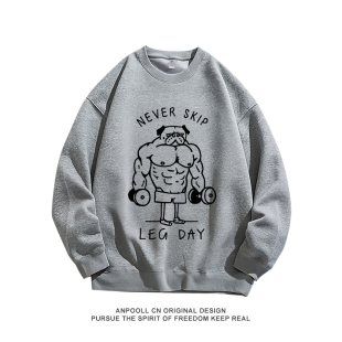 T恤宽松休闲学生秋季 练腿日健身GYM肌肉狗印花圆领卫衣服男装 长袖