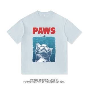 食人鲨猫咪联动恶搞原创意小众设计感夏季短袖T恤衫男装宽松衣服