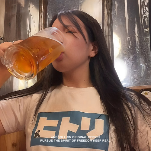 truckmeimei一个人日本网红皱眉喝啤酒女短袖T恤纯棉单身日语衣服