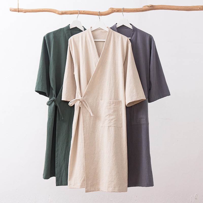 棉麻亚麻纯中式偏襟浴袍