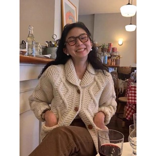 橘里复古爱德华重工麻花娃娃领设计软糯针织开衫 北欧毛衣外套上衣