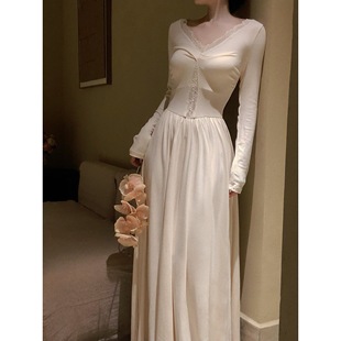 古董v领蕾丝连衣裙杏色温婉气质腰部收褶礼服裙 欧版 橘里 法之桐