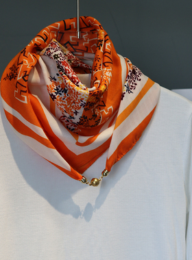 磁扣三角围巾春秋薄款懒人围脖空调护颈洋气橙色百搭棉麻方巾丝巾