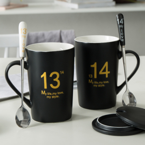 1314创意情侣杯子一对大容量陶瓷水杯带盖勺个性可爱马克杯咖啡杯