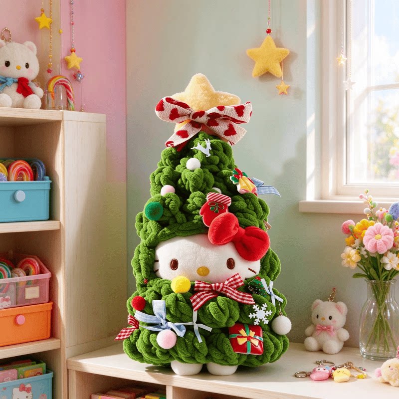 正版HelloKitty圣诞树kt毛茸茸手工挂件diy玩偶圣诞节礼物摆件