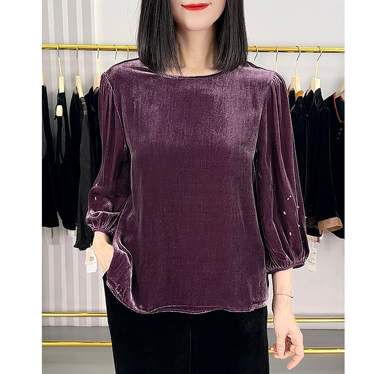 桑蚕丝植绒圆领钉亮片灯笼袖百搭真丝绒妈妈高档品牌小衫女上衣