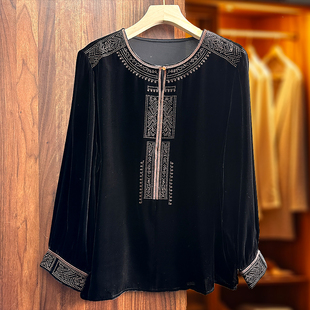 春秋季桑蚕丝植绒高档真丝绒正品显瘦大码中老年妈妈上衣女小衫