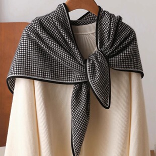 黑白千鸟格 阿拉善100%山羊绒围巾针织三角巾秋冬季外搭保暖披肩
