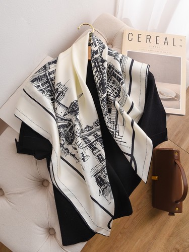 黑白巴黎街景斜纹真丝围巾桑蚕丝