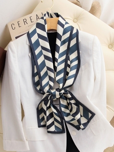 蓝白锯齿条纹双面真丝飘带双层桑蚕丝围巾春秋长条丝巾细窄领巾OL