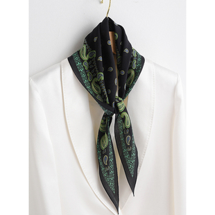 黑绿腰果花真丝双绉菱形巾薄款防晒小领巾时尚丝巾桑蚕丝围巾发带