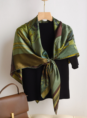 绿色印第安骑士真丝大方巾100%桑蚕丝百搭丝巾女春夏防晒披肩围巾